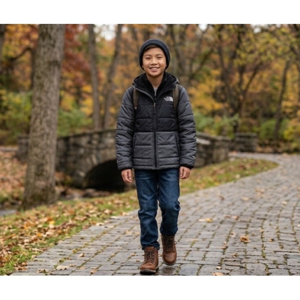 The North Face Mt Chimbo Hooded Reversible Jacket Boys L 12 Black Grey Sherpa